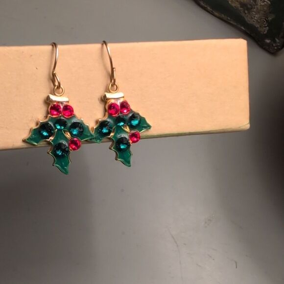 Handmade Holly and Berry Swarovski Crystal Dangle Earrings - Picture 1 of 6